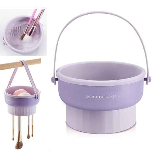 3 in 1 Brush Cleaning Mat with Brush Drying Holder, Silicone Makeup Brush Cleaner Mat Make Up Brush Cleaning Bowl Cosmetic Brush Washing Tool for Makeup Brush, Sponge, Powder Puff (Purple)