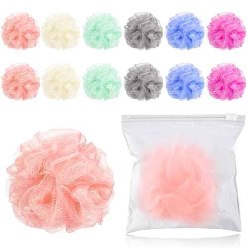 12 Pcs Travel Size Loofah Individually Wrapped, Small Shower Puff Bath Sponge Pouf Ball Bulk Mesh Bath Puff Mini Loofah Sponge with Case Bulk for Shower Care (25g,Colorful)