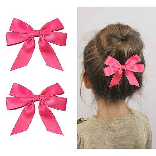 Furling Pompoms Cute Hair Bow Clip with Tail, Ribbon, Hot Pink, 2pcs - Party Hair Accessories for Women