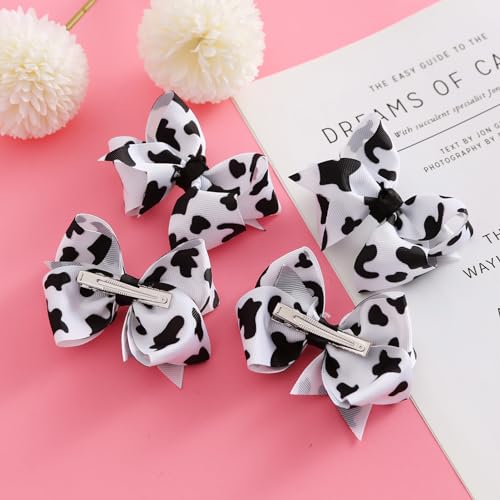 4PCS Cow Print Hair Bows Clips for Baby Girls Women Cowgirl Moo Cow Bowknot Party Hair Accessories 3 Inch