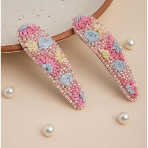 Radhu & Kabby Hand Embroidered Floral Tic-Tac Pin | Hair Clips for Women & Girls | Bead Work | Handmade & Unique | Perfect Hair Accessories for Casual & Special Occasions | 1 Pair