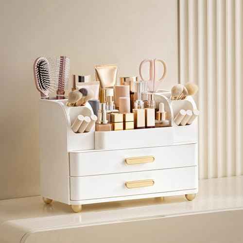 HBlife Makeup Organizer for Vanity with Brush Holder, Large Bathroom Countertop Cosmetic Organizer Skin Care Storage, Easy to Store Lipsticks, Nail Polishes, Perfumes, Eyeshadow Palettes, All White