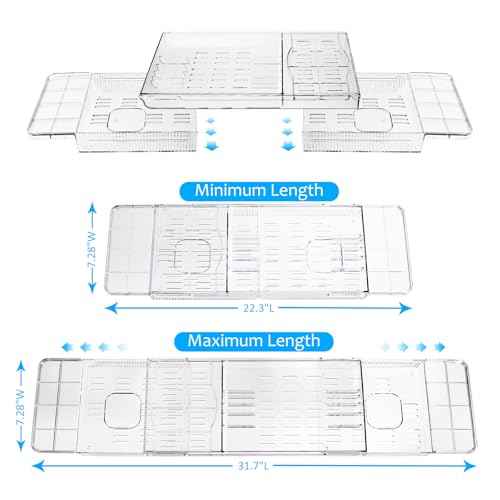 Expandable Bathtub Tray for Tub - Clear Bath Caddy, Waterproof Bathroom Storage Organizer, 22.3" up to 31.7", Spa Organizer for Wine, Books & Phone, Ideal Spa Accessory for Women & Adults