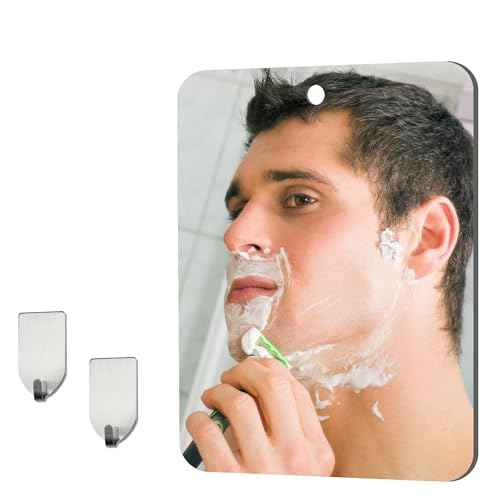 Shower Mirror Fogless for Shaving(Medium 8x6 inch), Unbreakable Deluxe Plexiglass Makeup Mirror with 2 Adhesive Hooks, Locker Mirrors for Shower, Shower Mirror Fogless, Portable Handheld Camping
