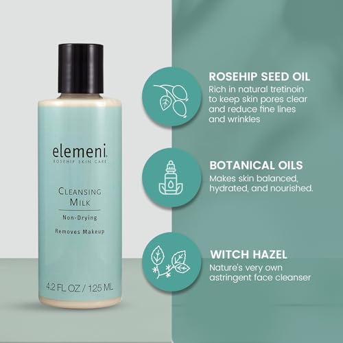 elemeni Skin Care Cleansing Milk - Vegan Organic Makeup Remover | pH Balanced Facial Cleanser Removes Dirt & Impurities | Oil Free Eye Makeup Remover & Gentle Cleanser for Sensitive Skin, 4.2 Fl Oz