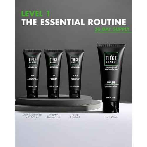 Tiege Hanley Skin Care Set for Men, Essential Routine, System Level 1, Daily Face Wash, Facial Scrub, Moisturizer With SPF, and Night Cream for Healthy, Hydrated Skin, Men¡¯s Skin Care, 4 Piece Kit