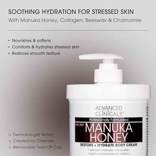 Advanced Clinicals Manuka Honey Body Cream For Women & Men | Body Butter Lotion For Extremely Dry Skin | Collagen Cream | Skincare Moisturizer Hydrating Balm Improves Look Of Aging Skin, 16 Ounce