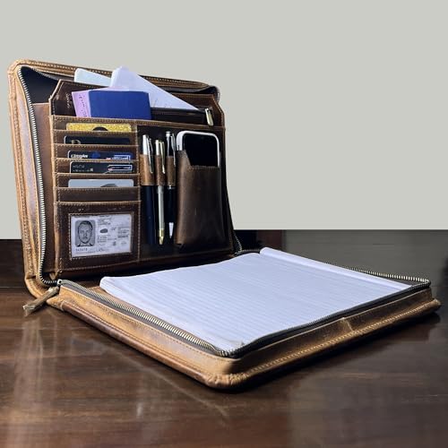 RUSTIC TOWN Leather Portfolio for Men - Full Grain Leather Padfolio Folder - Zipper Folio Documents Organizer - Professional Business Executive Gift for Men Women