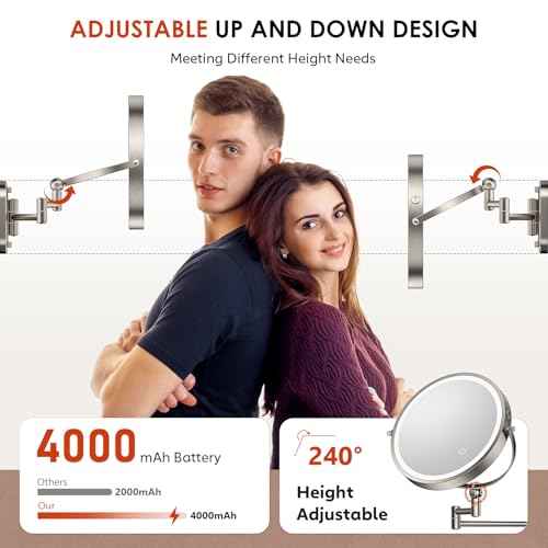 9" Wall Mounted Lighted Makeup Mirror,4000mAh Rechargeable Double Sided 1X/20X Magnifying Mirror with Light,Touch Dimmable,Extended Arm 360 Rotation Wall Mounted Makeup Mirror 3 Color Lights-N