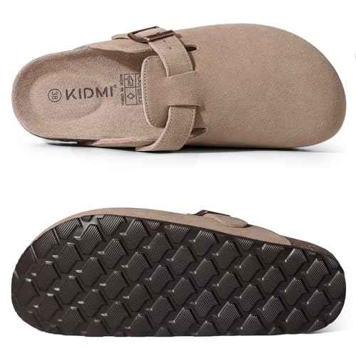 KIDMI Genuine Suede Clogs for Women Cork Footbed Sandals Leather Mules Potato Shoes with Arch Support