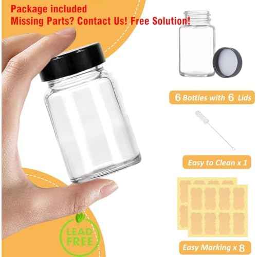 2 oz Small Clear Glass Bottles with Lids - 6Pcs Wide Mouth Shot Bottles with Caps for Ginger Shots, Juice, Potion, Liquids, Whiskey - Mini Travel Bottles with Funnels, Stickers