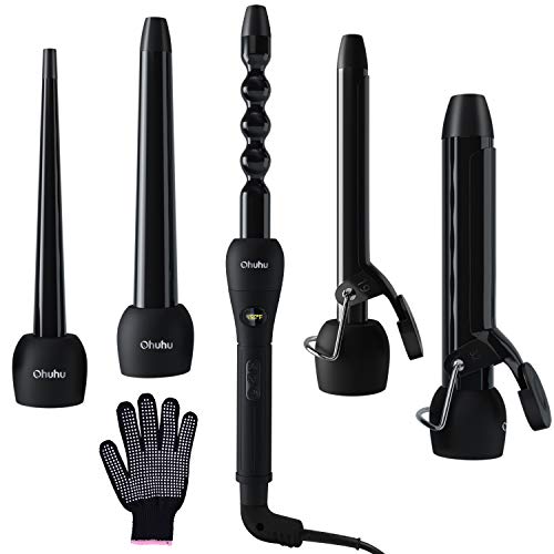5 in 1 Curling Wand Set: Ohuhu Curling Iron Wand LCD Temperature Display 5Pcs 0.35 to 1.25 Inch Interchangeable Ceramic Barrel Heat Protective Glove for Girls Women Mother Gift Black