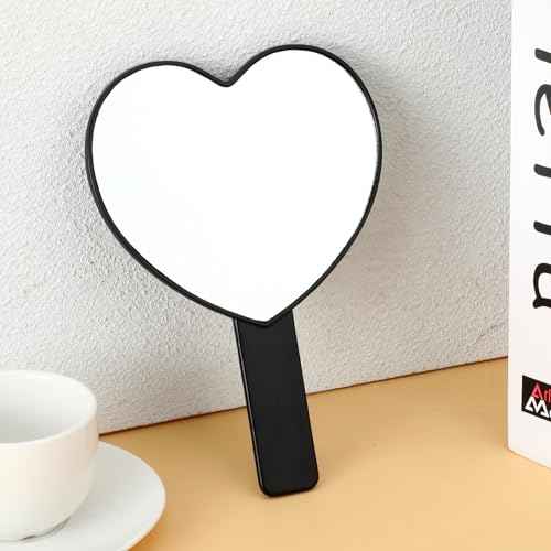 TIESOME Heart Shaped Handheld Mirror, Drop-Resistant Small Heart Mirrors with Handle Portable Travel Cosmetic Lash Mirror Hand Mirror for Women Valentine's Day Birthday(Black)