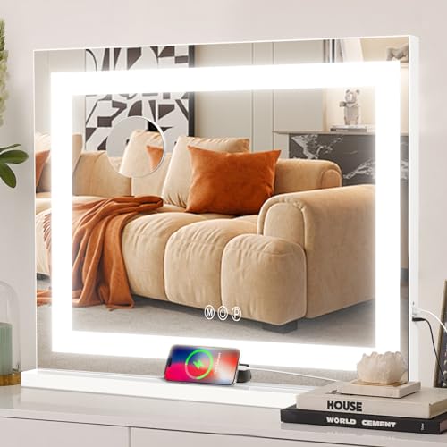 COOLJEEN Vanity Mirror with Lights, 23" x 18" LED Makeup Mirror, Lighted Makeup Mirror with 3 Color Modes, Detachable 10x Magnification and USB Charging, Tabletop & Wall-Mounted