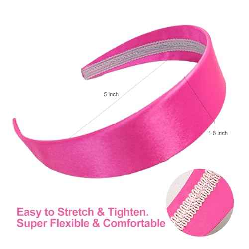 1.6 Inch Wide Silk Satin Headband for Women Girl Teen, Solid Plain DIY Hair Accessories Holiday Gifts (Hot Pink)