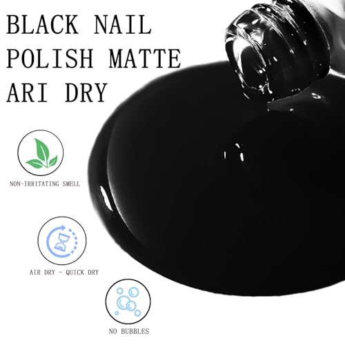 Matte Black Nail Polish - Fast Dry, Dark Shade, Matte Top Coat, 12ML