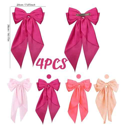 4PCS Satin Hair Bows for Women & Girls ? Oversized Long Tail Bow Clips with French Barrette Elegant satin ribbon bow clips hairstyles, large hair accessories pony tail, school, wedding, cheerleading