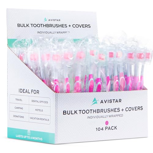104 Pack Bulk Toothbrushes w/Cover Caps, Individually Wrapped Disposable Travel Toothbrush, Value Size, Long Lasting 3+ Months, Med-Soft Manual Teeth Brush Bristles - Pink
