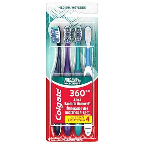 Colgate 360 Whole Mouth Toothbrush, Adult Toothbrushes Medium Bristles, Helps Remove Bad Breath Bacteria and Plaque, Medium Toothbrush Pack, Includes Cheek and Tongue Cleaner, 4 Pack