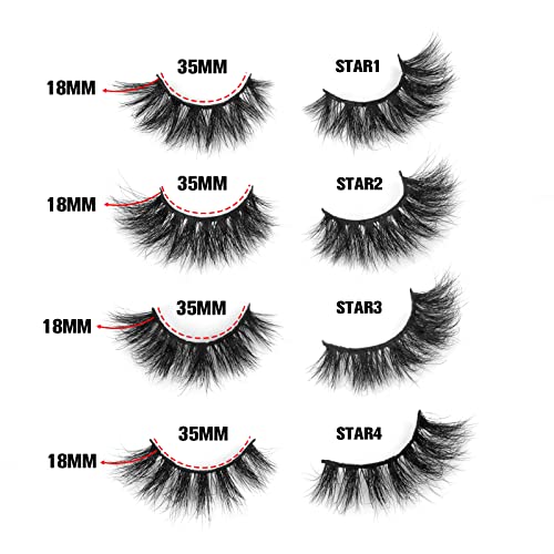 18mm Mink Lashes 3D Real Mink Eyelashes Cat Eye Fluffy Cross False Eyelashes Wispy Soft Reusable Luxury Volume 5D Fake Eyelashes (Star, 4 Pairs)