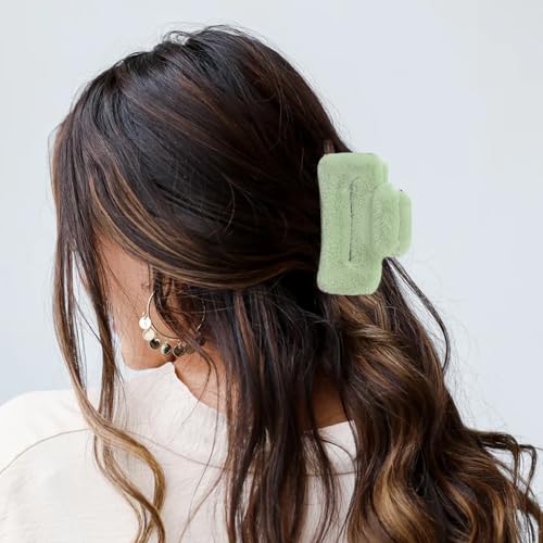 4 PACK Large Hair Claw Clips, Faux Fur Plush Hair Catch Barrette Jaw Clamp, Cute Square Furry Claw Clips for Thick Curly Hair Catch Accesories for Women and Girls