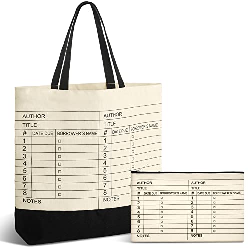 Yinder 2 Pcs Library Card Tote Bag Book Lover Gift Library Book Reusable Cosmetic Bag Print Zipper for Christmas Women Gifts