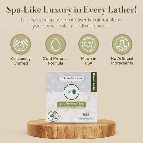 360Feel Clean cotton Soap 5 oz Castile Handmade Soaps -Refreshing Spring scent- Essential Oil Natural Mans Soap bar- Anniversary Wedding Gifts- Made in USA-Gift ready Cotton Blossom