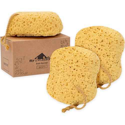 myHomeBody Bath Sponge, Foam Loofah, Body Scrubber for Bathing, Exfoliating Shower Pouf for Shower ? Large Size, Lots of Lather, Curvy, 3 Pack