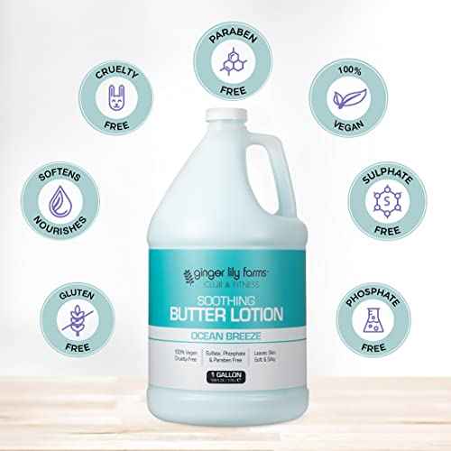 Ginger Lily Farms Club & Fitness Soothing Butter Lotion for Dry Skin, 100% Vegan & Cruelty-Free, Ocean Breeze Scent, 1 Gallon (128 fl oz) Refill