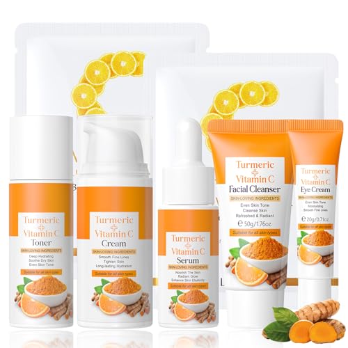 7PCS Turmeric Skin Care Set, Facial Skin Care Products Even Skin Tone, Turmeric Face Wash, Toner, Serum, Eye Cream, Face Cream, Face Mask, Smooth Glowing Travel Skincare Set for Women Girls