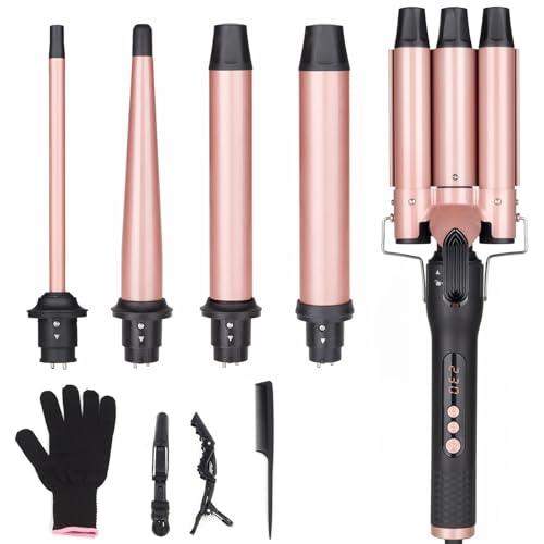 5 in 1 Curling Wand Set, Three Barrel Curling Iron Set with 3 Barrel Curling Iron and 4 Interchangeable Ceramic Curling Wand(0.5¡±-1.25¡±), Fast Heating, Include Glove & 2 Clips