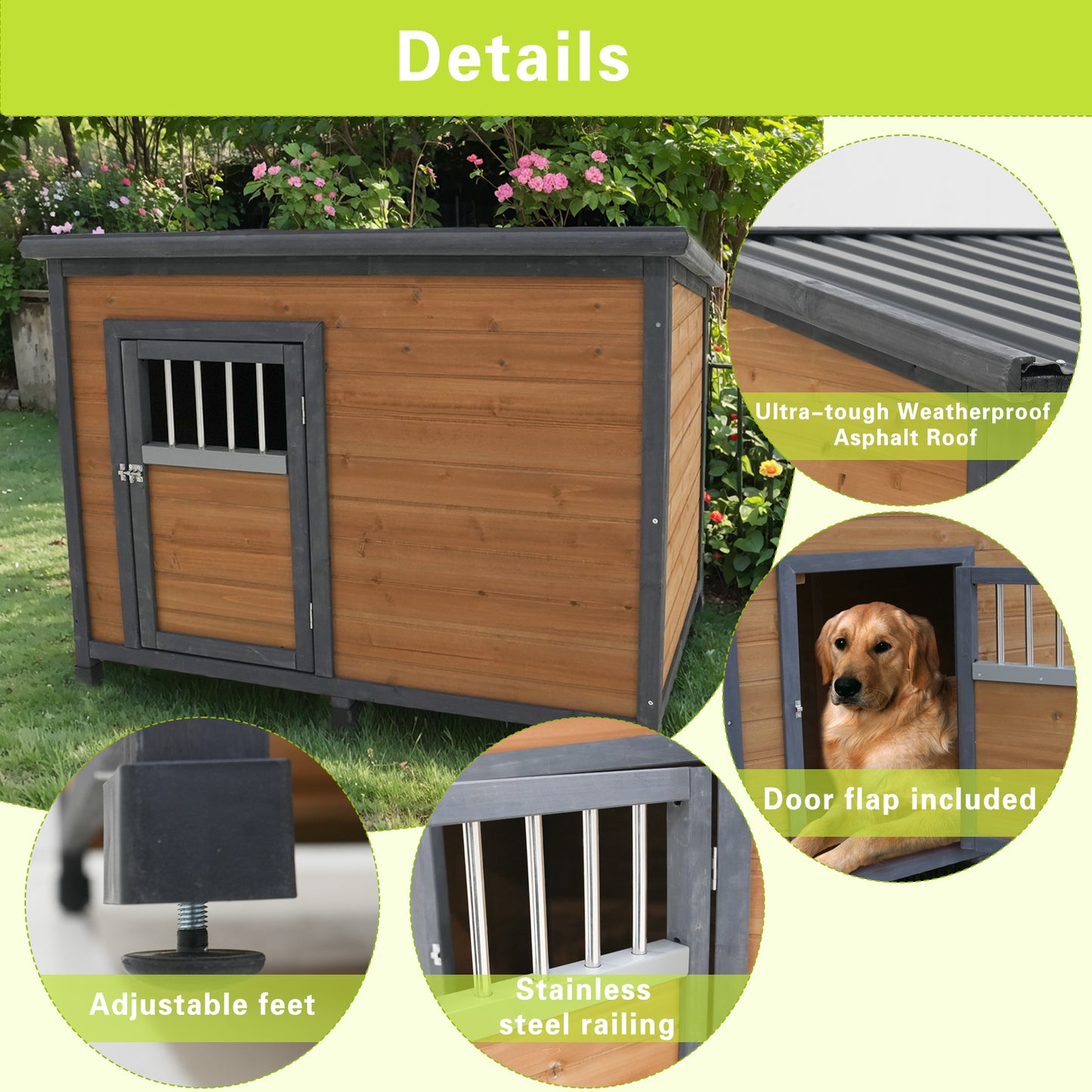 Large Solid Wood Dog House with Waterproof PVC Roof & Breathable Wooden Doors - Gray+Yellow