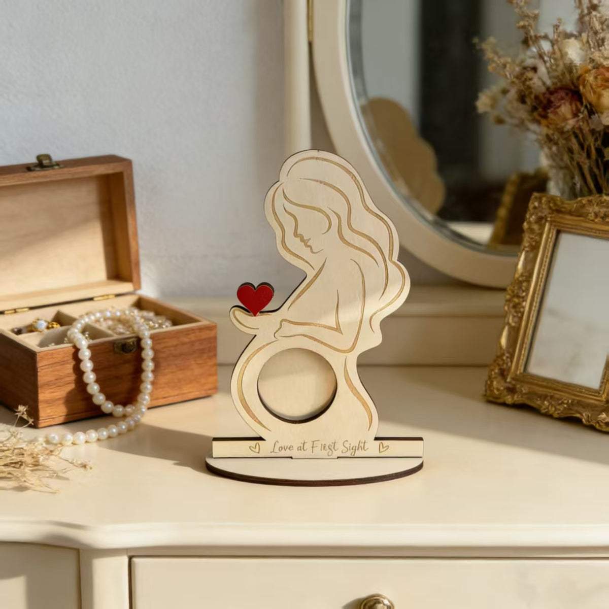Pregnant Woman Silhouette Wooden Photo Frame Baby Shower Gift Natural Wood