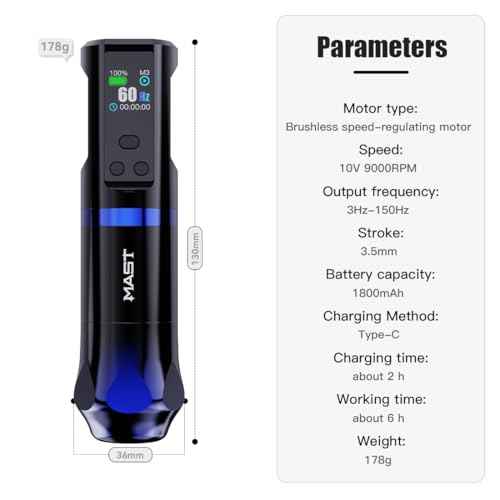 Mast Hertz Wireless Pro Tattoo Pen Machine, Adjustable Frequency 3HZ - 150HZ Tattoo Gun