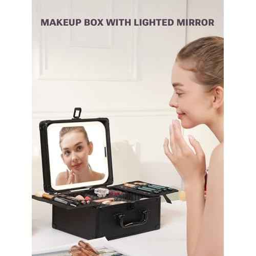 Qislee Makeup Box with A Detachable Lighted Mirror, Waterproof Travel Train Case, Cosmetic Organizer and Makeup Suitcase with Adjustable Dividers, Magnetic LED Mirror (Black)