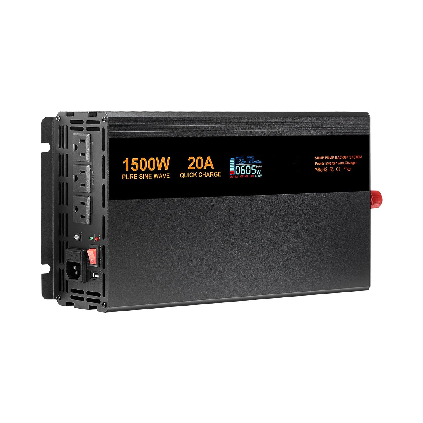 Battery Backup Sump Pump System 1500W LCD Auto Switch Inverter - Black