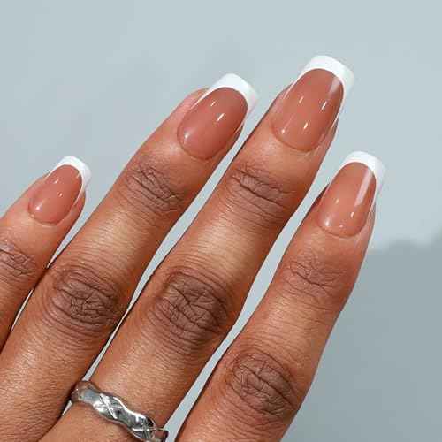 32 PCS Short Square Nude Brown Press on Nails- French Tip Gel Nail Fake Nails, 16 Sizes Glue On Nails Kit, Reusable False Nails with Mini Nail File for Women - Nude Brown Short Square