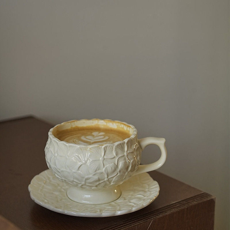 Retro Embossed Ceramic Coffee Cup Set - Multiple Colors & Capacity