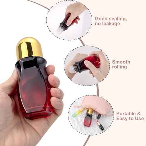 Kesell 2Pcs Glass Roller Bottles 50 ml Gradient Red Roll on Bottle with Plastic Roller Ball and Opener Empty Roller Ball Deodorant Container for Essential Oils, Perfume (Gold Lid)