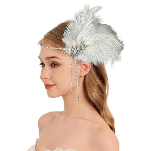 1920s Great Gatsby Headpiece for Women - Roaring 20s Flapper Hair Accessories with Feathers, White Pearl Headband, Vintage Style for Parties and Events