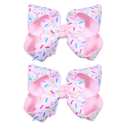 2Pc Birthday Hair Bow Clips Gift for Girls Ages 1-6, 4.3in Pink Confetti Sprinkle Hair Barrettes for Toddler Kid Teens Ice Cream Birthday Party Dress Decor Accessories