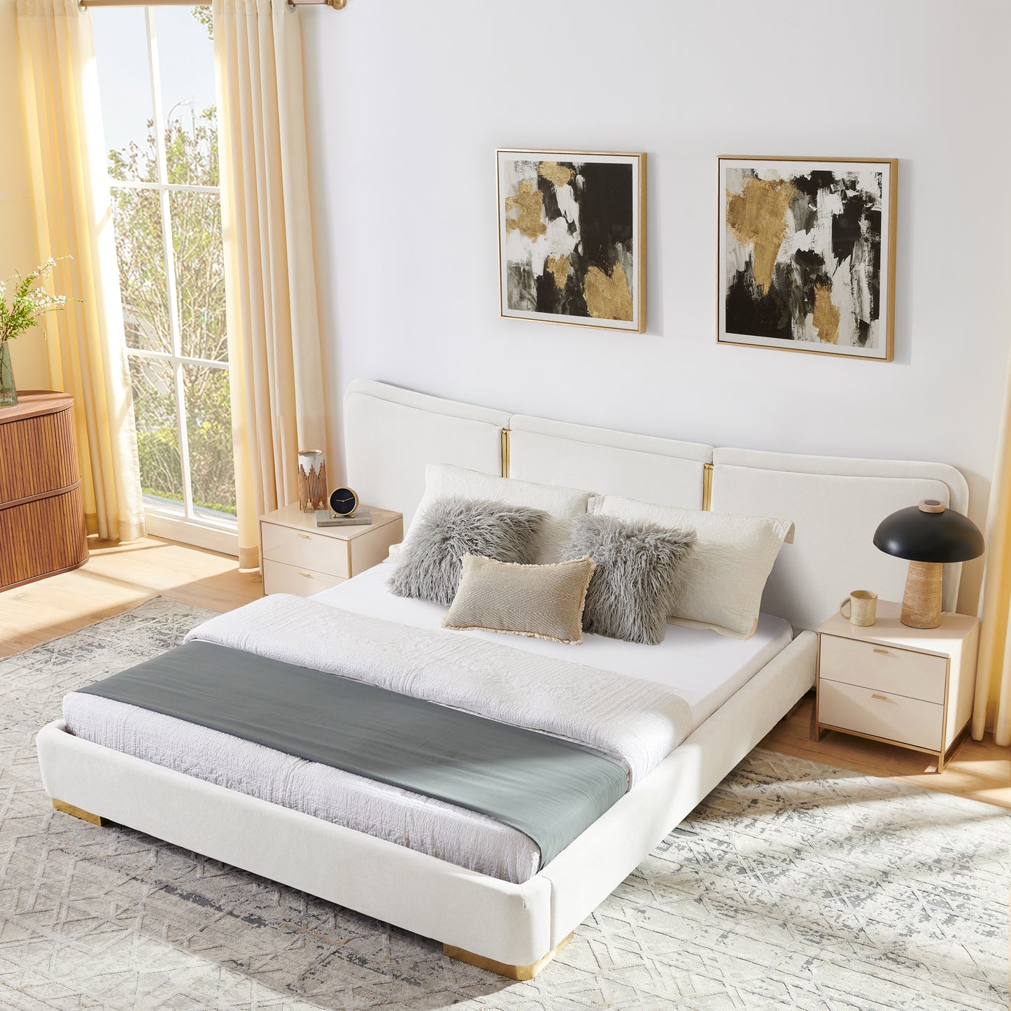 Queen Size Platform Bed with Soft Chenille Fabric Frame - Beige
