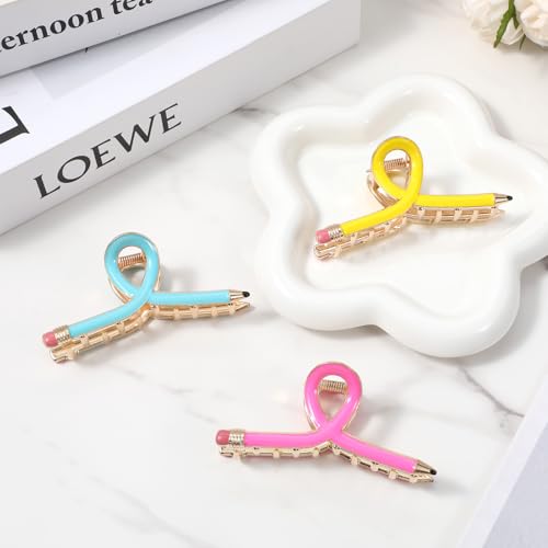 3pcs Pencil Hair Clips, Teacher Hair Claw Clips for Women, Funny Back to School Hair Clip for Thin Hairs, Cute Teacher Hair Clip Barrettes Hair Accessories