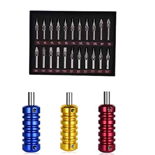 22pcs Tattoo Stainless Steel Tip Set Kit Round/Flat/Diamond RT FT DT Tube + 3 Grips