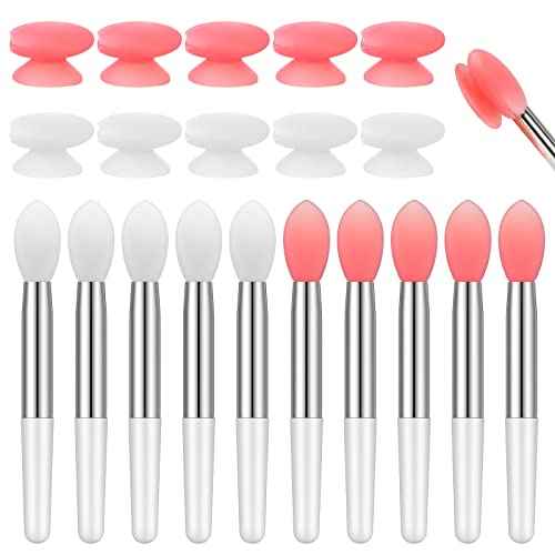 20 Pcs Silicone Lip Brush Covers and Brushes for Lip Sticks, Gloss, Balm and Other Cream Makeup Products(Pink, White)