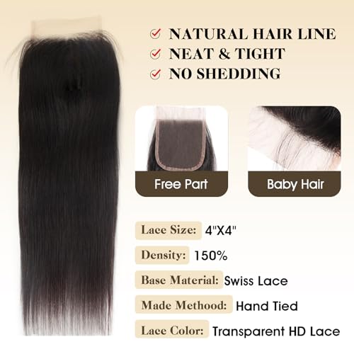 Human Hair Bundles with Closure Straight(14 16 18 +12,Free Part) Closure with 3 Bundles Brazilian Virgin Hair 16A Extensions with Pre Plucked with Baby Hair 4X4 HD Lace Closure Natural Black Color