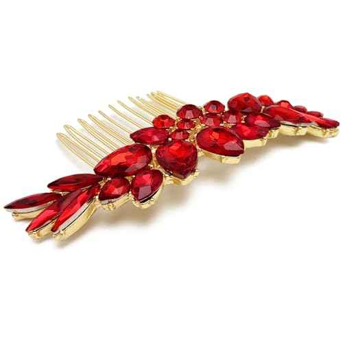 BETITETO Bridal Crystal Hair Accessories Small Wedding Gold Hair Piece with Comb for Women Girls (Red)