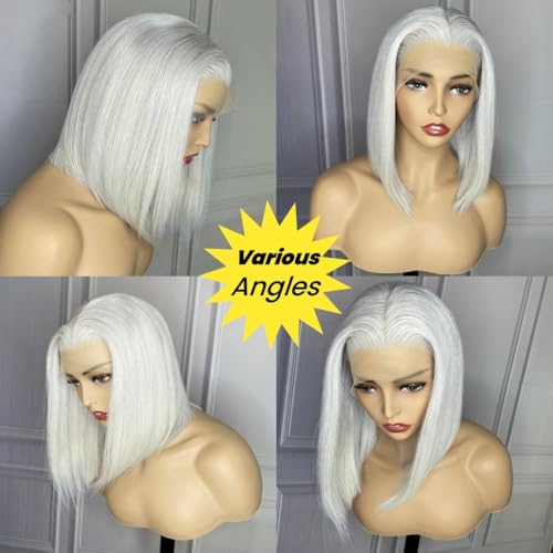 #60 Silver Grey White Platinum Blonde Wigs Human Hair for Women 10 Inch Silky Straight Ash Blonde Bob Lace Front Wigs with Baby Hair Pre plucked HD Transparent Lace Frontal 150% Density