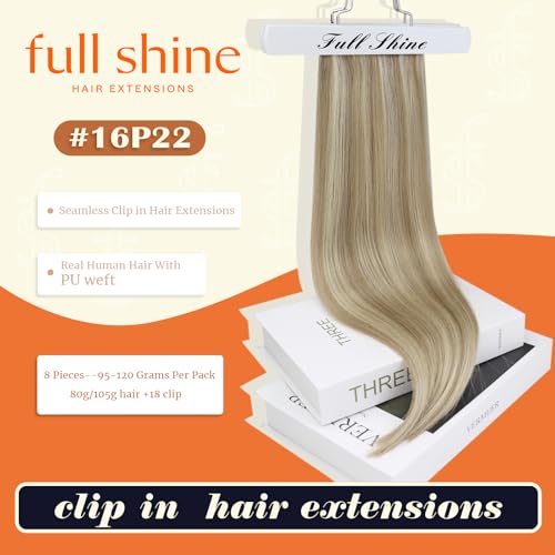 Full Shine Blonde Clip in Hair Extensions Dirty Blonde with Highlights Hair Extensions 16 Inch Real Hair Extensions Clip in Golden Blonde Ease of Use 8 PCS 120 G