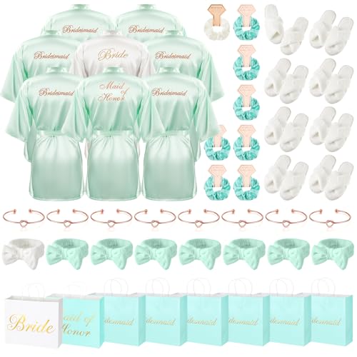 48 Pcs Bridesmaid Bride Robes Set of 8 Bridal Party Silk Satin Robes for Wedding Bachelorette Party Gifts (White,Sage Green)